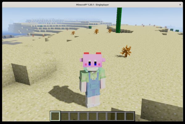 Minecraft screenshot, featuring simple shaders and me with a mouthful mode Kirby from a mod on my head! it looks quite silly.