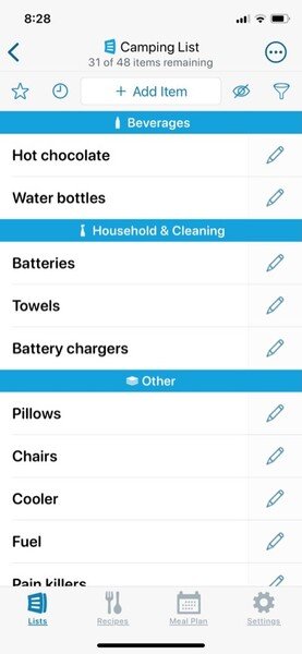 A screenshot of a packing list for a camping trip in Anylist app