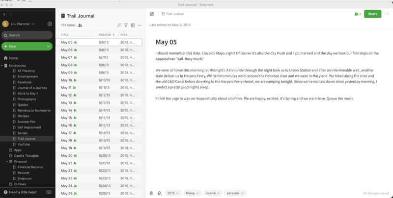 A screenshot of our Appalachian Trail Journal in Evernote