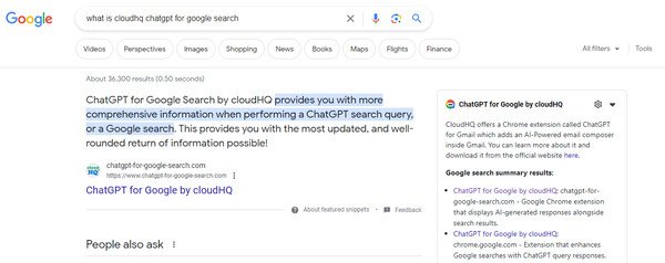 Search results from Google with the CloudHQ plugin installed