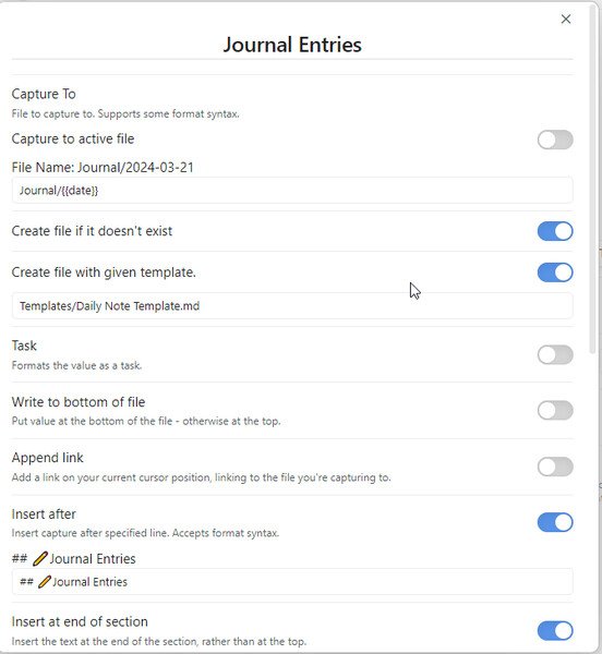 quick add settings for daily note