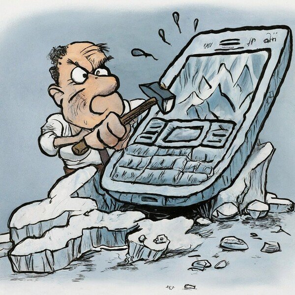 A cartoon of an oversized phone encased in ice while a frustrated man chips away at it