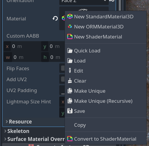 StandardMaterial3D right-click menu with option for Convert to ShaderMaterial