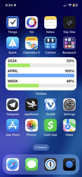 A screenshot of an iPhone's Home Screen. The screen is divided into 3 sections:

Top 2 rows: Things 3, Tot Pocket, Apple Notes, Day One, Spark Mail, Calendars 5, Calcbot, and a folder named 'Backpack.'

Middle 2 rows: Occupied by a widget Smart Stack, currently displaying timebars for progress through 2024, April, and the current week.

Bottom 2 rows: Siri Smart suggestions widget, which suggests apps depending on the user's habits and conditions like location or time of day. Currently showing Telegram. AppRaven, Vivaldi browser, Settings, App Store, Photos, Cash App, and Maps.

The home row or dock at the bottom of the screen shows Safari, Messages, 1Password 7, & Moment pro camera.