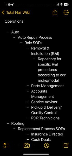 A screenshot of Apple Notes on iPhone. The app is in dark mode.

The note outlines 2 areas of 'Total Hail Wiki's' Operations section: 

1. Auto
2. Roofing

Under auto, further breakdowns for the auto repair process including SOPs for each role: R&I (removal & installation), parts management, accounts management, service advisor, pickup/delivery & quality control, and PDR (paintless dent repair) technicians

Under roofing, a breakdown of replacement process SOPs for the different types of contracts: Insurance-directed vs. cash deal. 