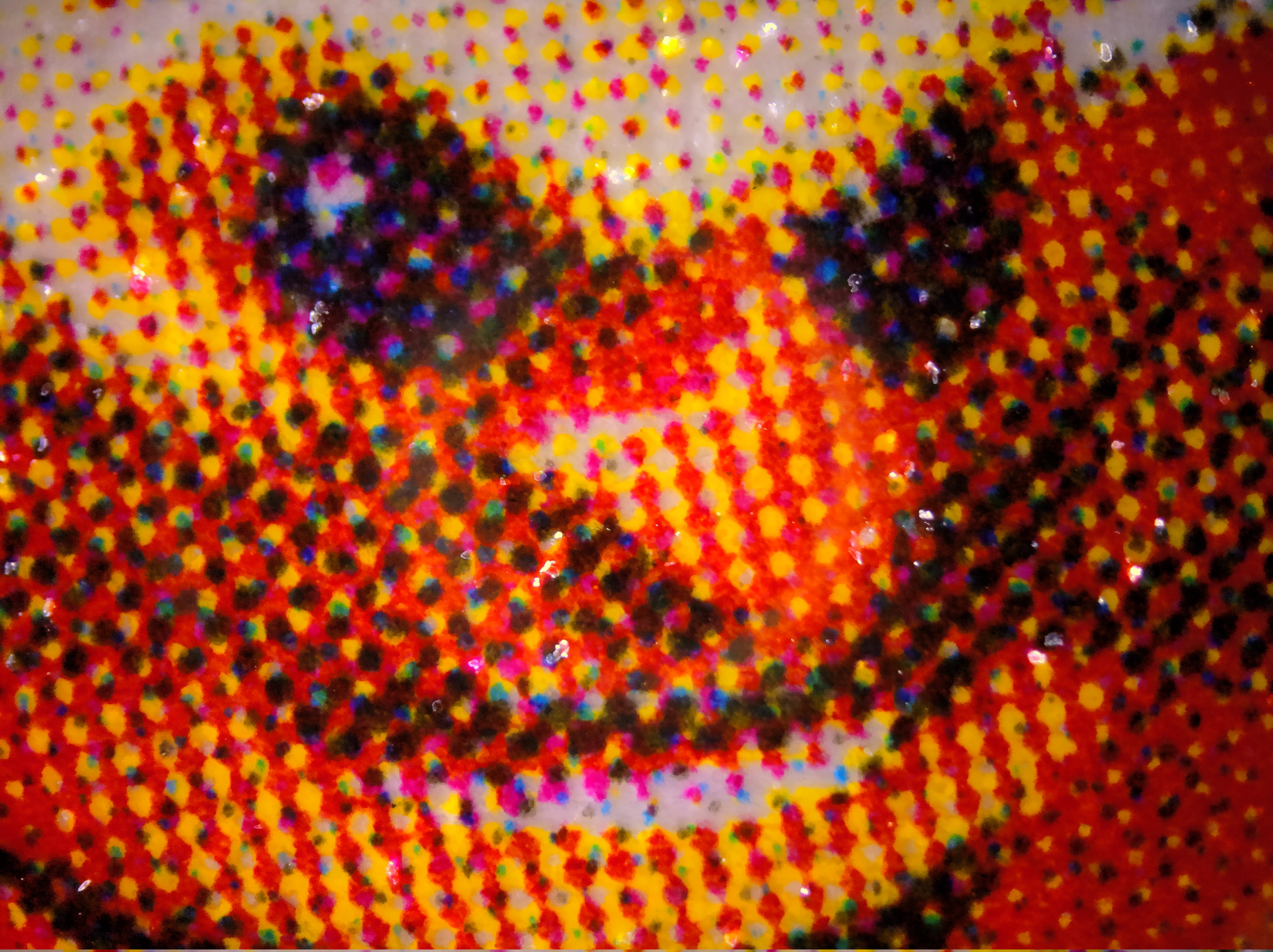 A photo of Dr. Eggman from my Sonic Racing: CrossWorlds poster under a 100x zoom microscope camera (LittPoPo X1). Check out the dot pattern and crazy multicolored dots!