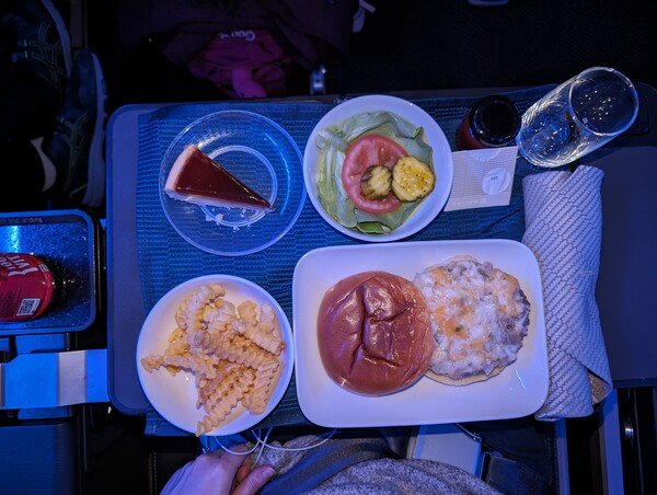 Photo of a tray of food taken on a domestic US United flight. The main entree on the tray is a dish with bun and a cheese covered burger. French fries,  burger toppings (lettuce, tomato, pickles), and piece of cheesecake are also present.