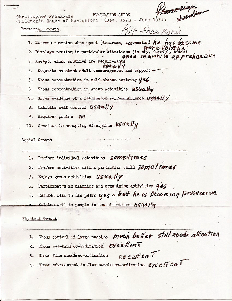 Page one of an evaluation