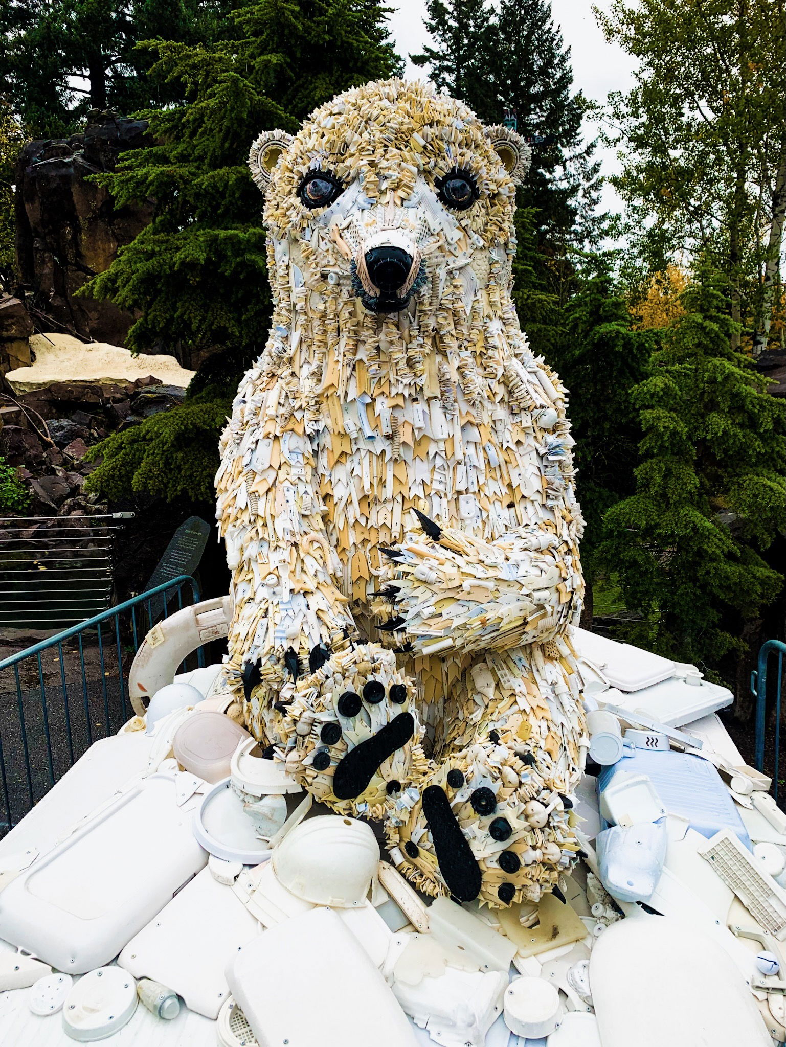 A polar bear sculpture made of ocean plastics.