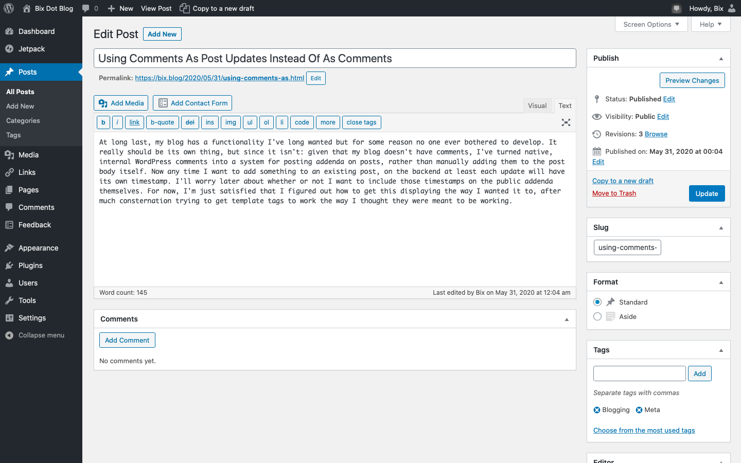 Screen capture of this post in the WordPress editor