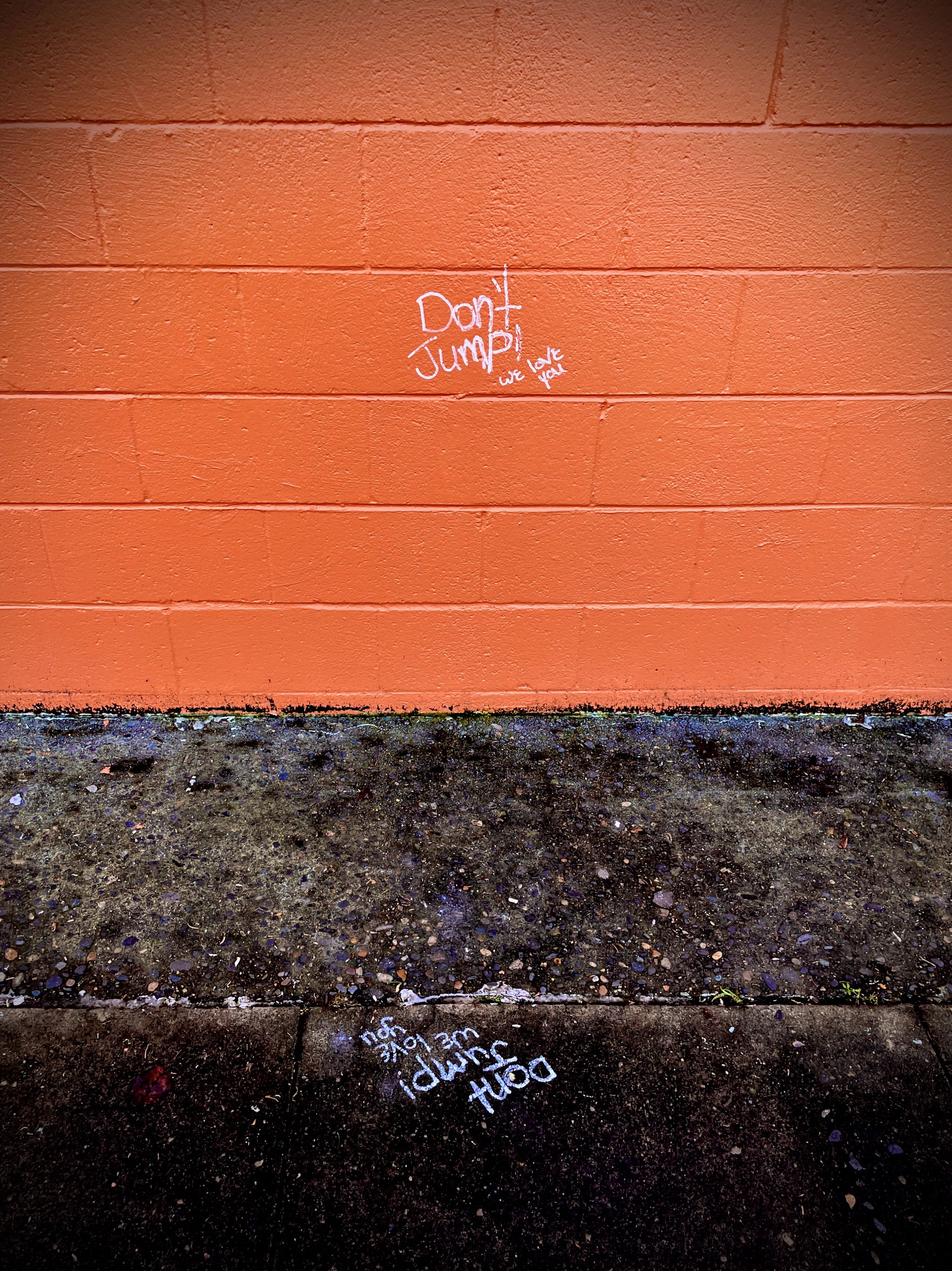 An orange cinderblock wall on which someone has scrawled Don’t Jump followed by We love you, and the sidewalk below on which someone has scrawled Don’t Jump followed by We love you, but upside down as if to be read from the roof.