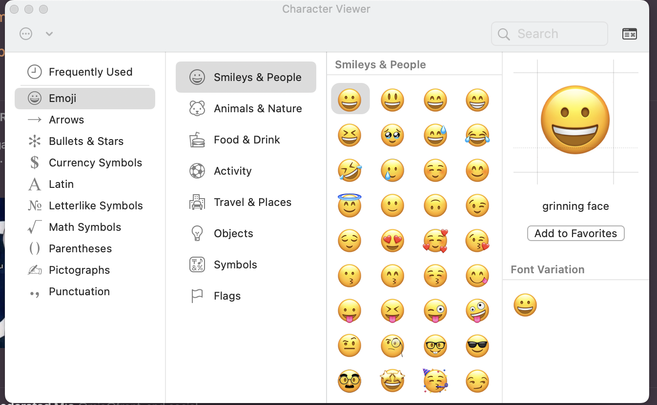 Screenshot of the MacOS Emoji Picker! Ctrl - Command - Space