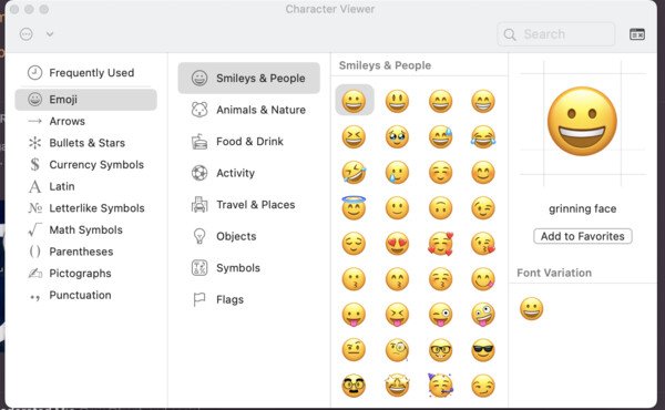 Screenshot of the MacOS Emoji Picker! Ctrl - Command - Space