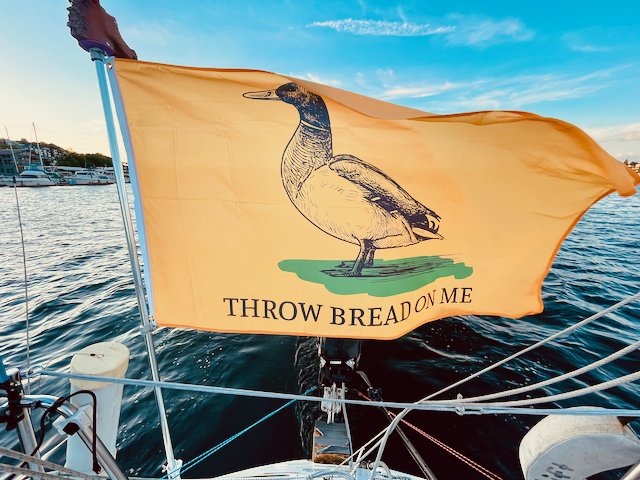 Humorous yellow Gadsden-style flag with a duck on it and the phrase 'Throw Bread On Me'. Flag is on the back of a sailboat.