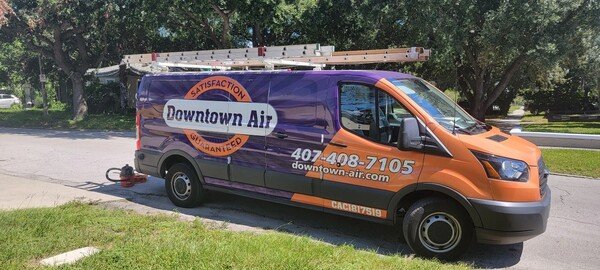 Spotted the service vehicle for the Orlando-based HVAC service center known as Downtown Air. They use a generic two word, hyphenated domain name as their primary domain. I love the colors that they chose to represent their brand and their stylish truck is rocking it well!