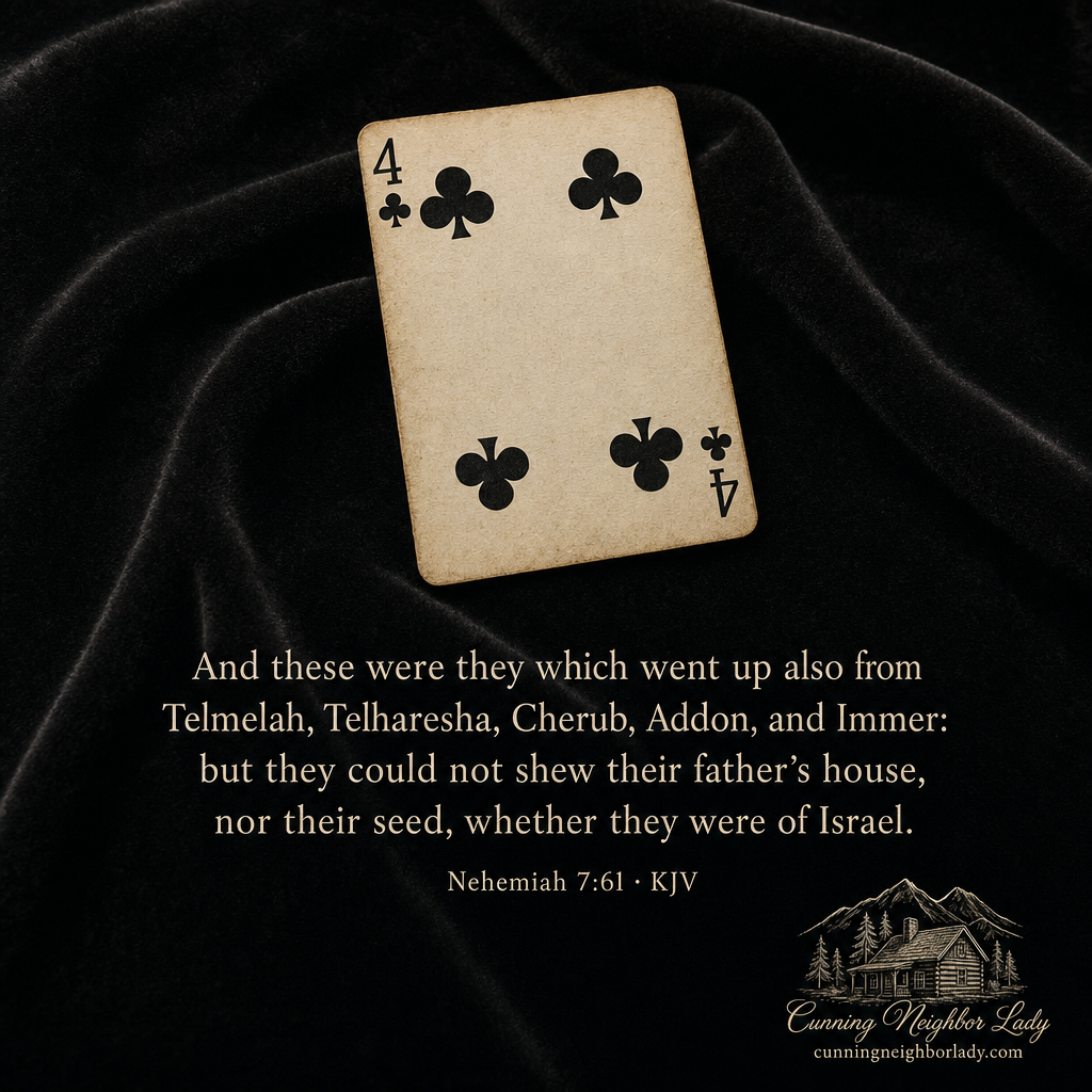 Four of Clubs with Nehemiah 7:61 daily reading