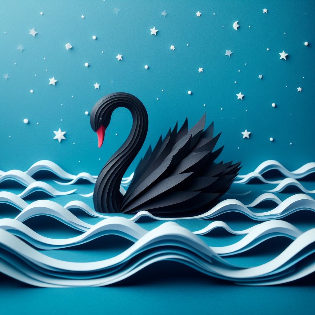 a black swan swimming on an ocean made out of paper, an AI-generated image
