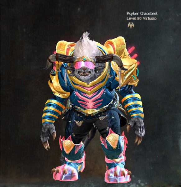 Blue and gold with pink holographic/jade tech highlights.
