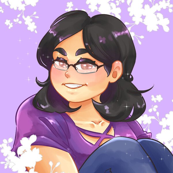 Daryl Sun's avatar, made by [Krougen](https://krougen-commissions.carrd.co/). It's an anime-style colorized drawing of a young light-skinned woman with a chubby face and medium-length black wavy hair. She wears glasses, a deep violet V-neck shirt, and blue jeans. With a smile, she sits against a light purple background, surrounded by white flowers.