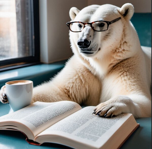 Polar bear drinking coffee and reading a book, while wearing reading glasses.