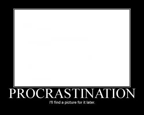 a 'motivational' style image with a black border. The image is simply a blank white square. The main title is 'Procrastination'. The subtitle is 'I'll find a picture for it later'.