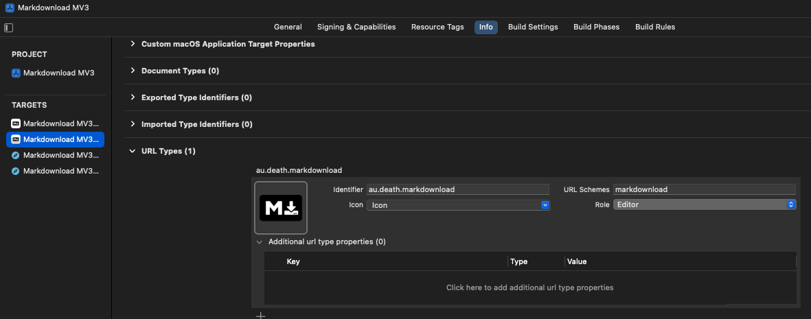 A partial screenshot showing the setup of a custom markdownload url type for a macOS target in XCode.