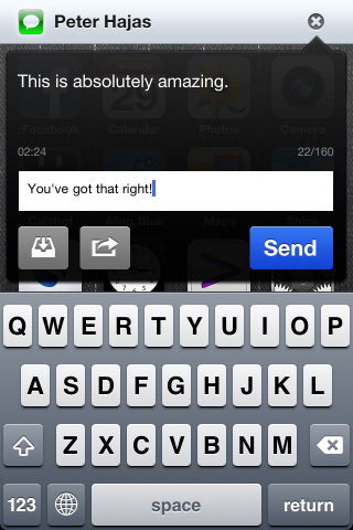 A QuickReply popover from a notification on an iPhone 3G