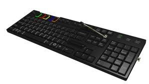 A computer keyboard with Guitar Hero-esque buttons replacing F1-F5, and a whammy bar below the print screen key
