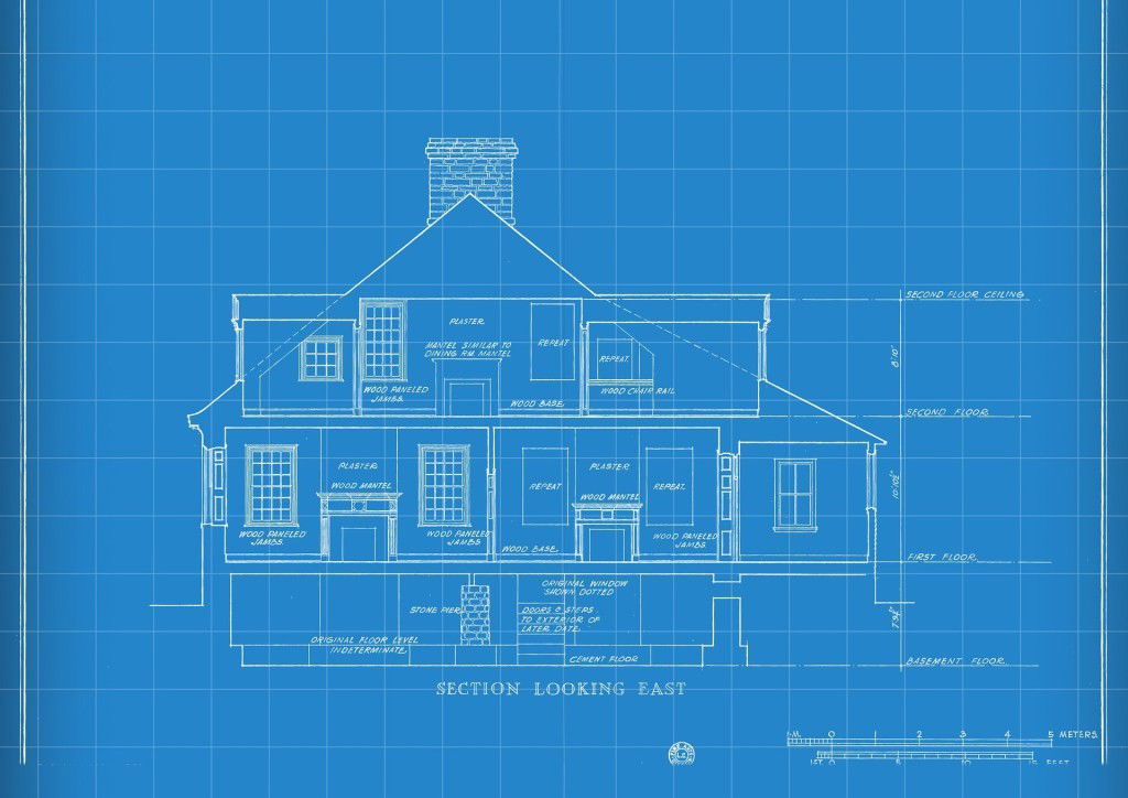 A blueprint of a cross-section of a house with two floors and a basement. It is labelled "Section looking east".