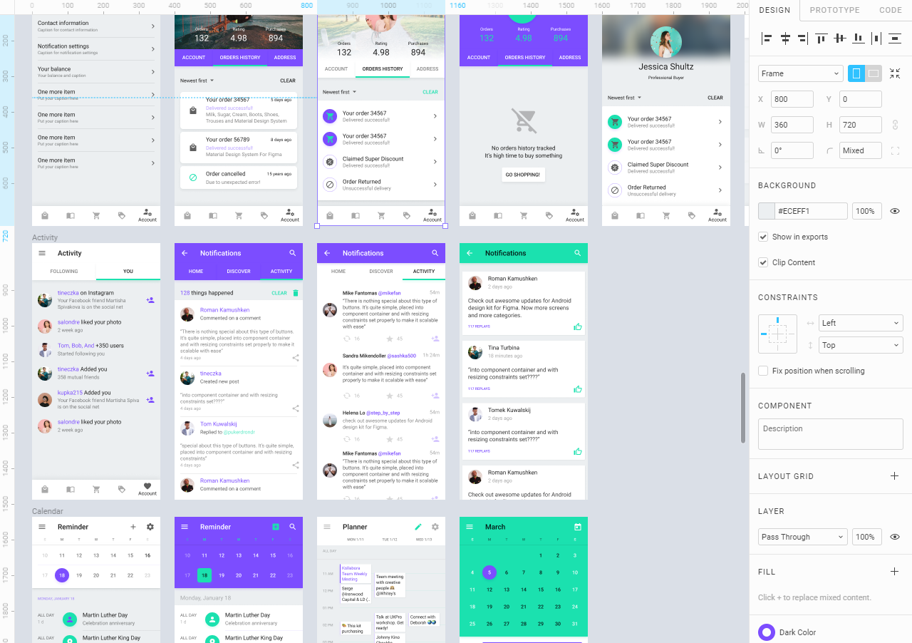 A screenshot of Figma (or a similar design tool) showing a canvas with many app wireframes related to ordering, notifications, calendar stuff and more. It shows the sidebar on the right with attributes of the currently selected window.