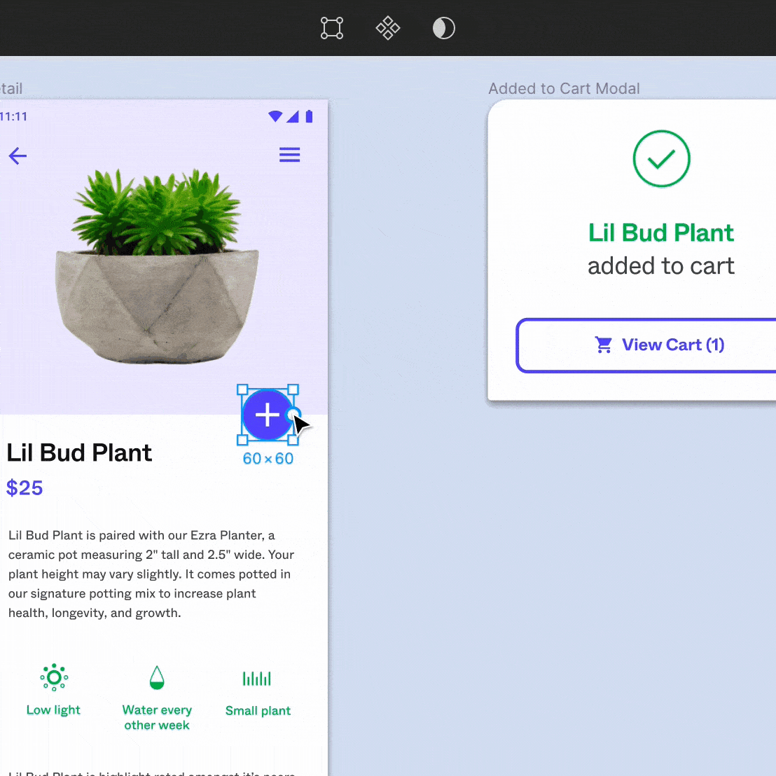 An animation of creating a clickable prototype in Figma. A mouse cursor drags a line from a button to a popup screen, then  clicks a play button which shows the interactive mode. In this mode the cursor clicks the button and the popup screen appears.
