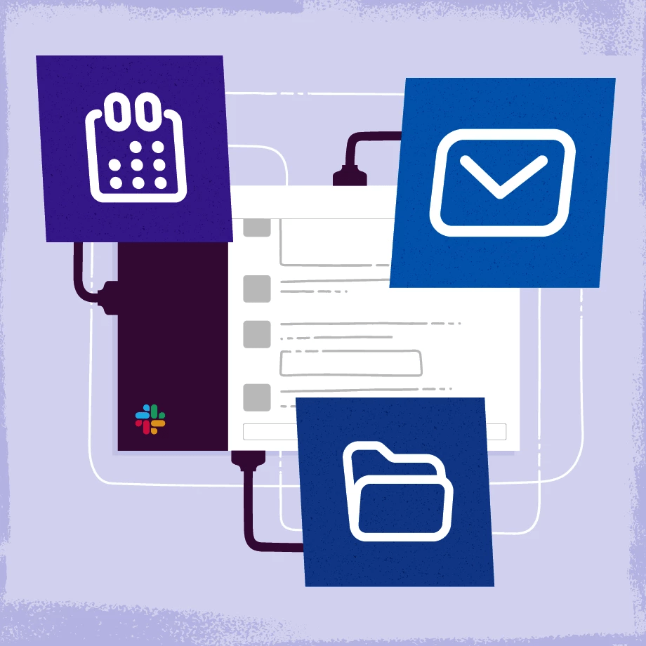 Clip art of slack with icons for calendar, mail and folders each separately plugging into the slack window