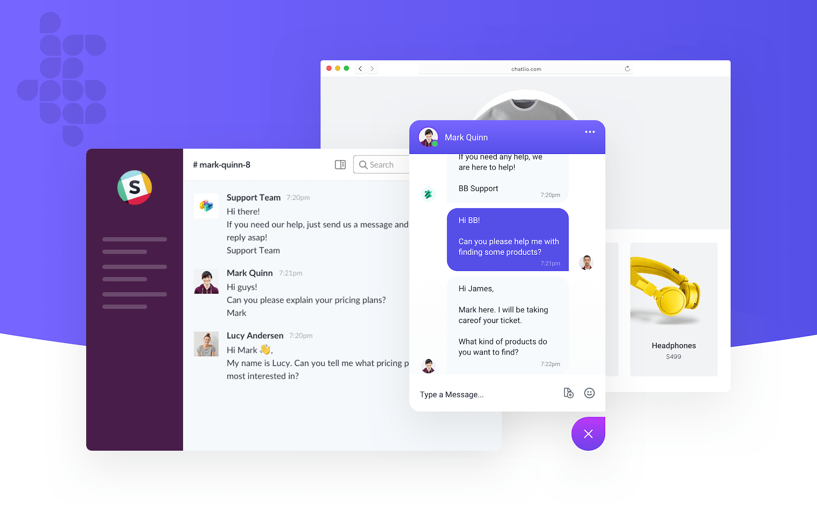A chat popup on awebsite selling heaphones and shirts. There is also a slack window showing a similar chat.