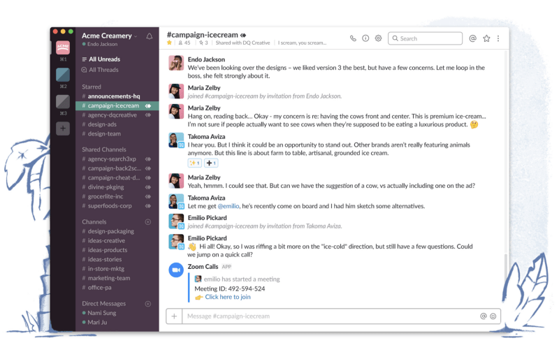 A slack window for an "Acme Creamery" organization with a lot of different channels. The "campaign-icecream" channel is selected and the chat is generically discussing an advertising campaign.