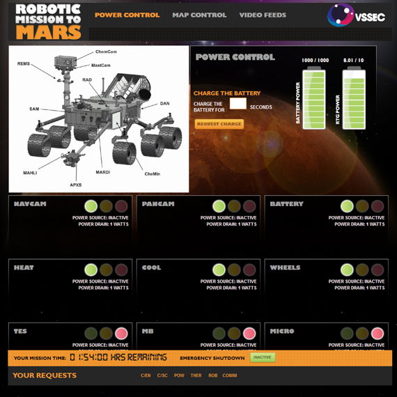 A screenshot from "Robotic Mission to Mars" showing a Power Control screen. This screen shows a picture of the NASA Curiosity Rover, with parts labelled, as well as battery levels and power status of various components. Down the bottom there is a mission time countdown and an emergency shutdown button.