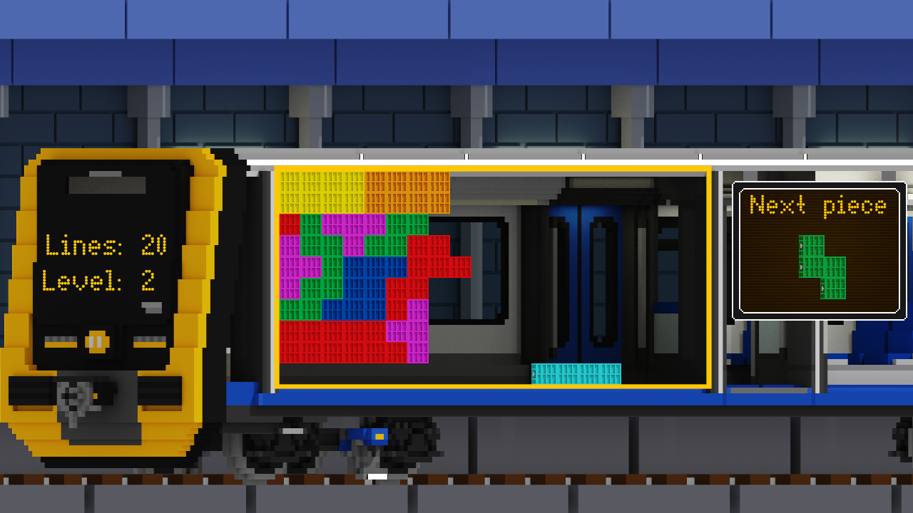 A screenshot from CubeTube, depicting a blocky image of a voxel train with a sideways tetris game (a long piece is about to be slotted in for four lines).