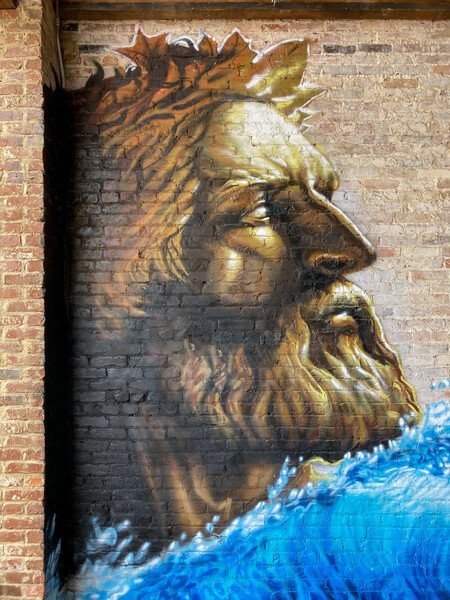 Snap #24: Poseidon mural on the patio of Kudzu Seafood in downtown Macon. I don’t know who the artist is, but I will update this post once I find out. Beautiful work.