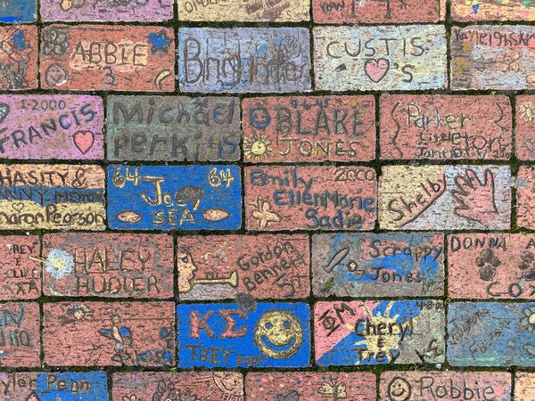 Colorful bricks with children's names and doodles drawn on them.