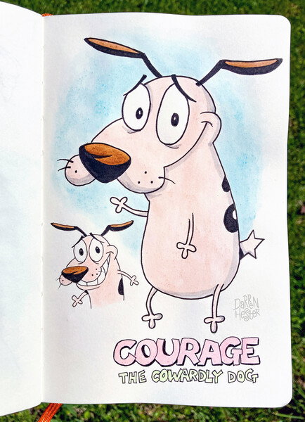 A sketch of Courage the Cowardly Dog, the timid pink dog with a serious case of paranoia. I used Micron pens and watercolors.
