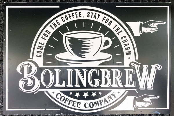 Sign at the entrance to Bolingbrew Coffee Company.