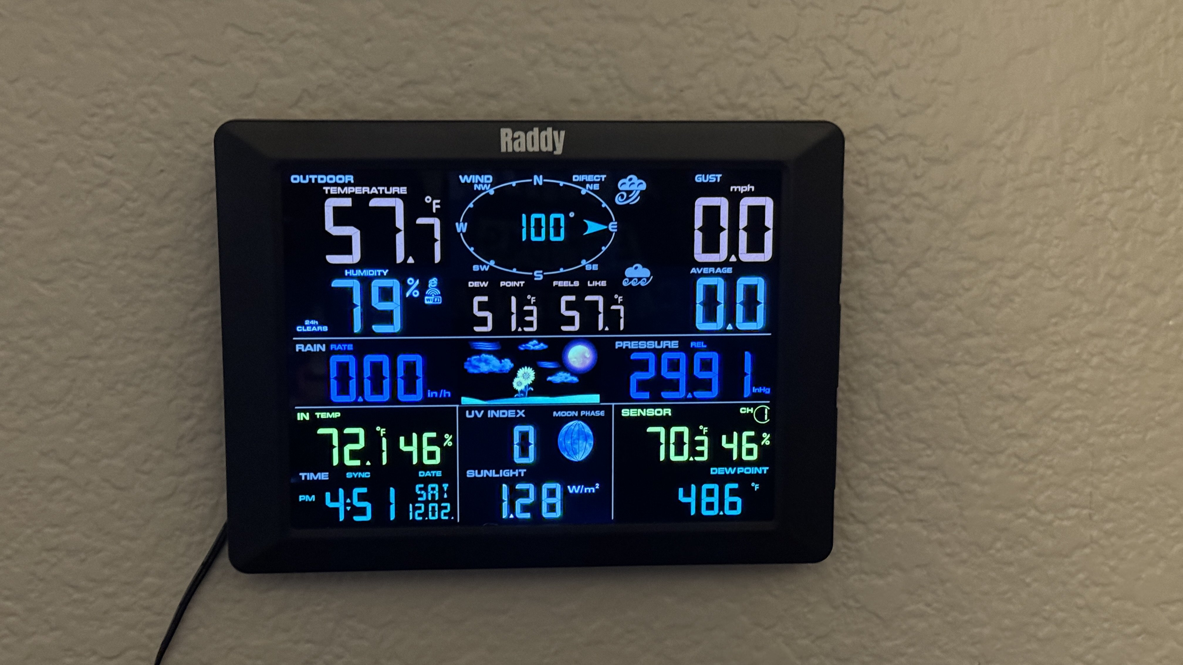 The Raddy WF-100C Weather Station 10-inch display which sends data to Weather Underground