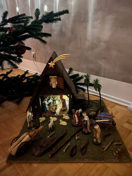 Weihnachtskrippe 2025 neben dem Weihnachtsbaum