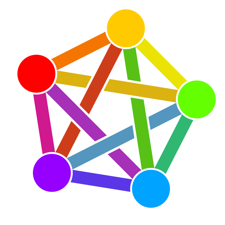 Logo des Fediverse: Ein Fünfeck mit unterschiedlichen Punkten in gelb, grün, blau, lila und rot. Dazwischen Verbindungslinien in unterschiedlichen Farben. 