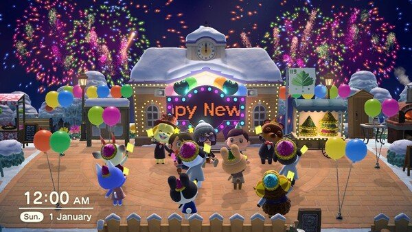 Ein Animal Crossing Feuerwerk um 0:00 Uhr mit vielen Bewohnern, die zum Himmel gucken.