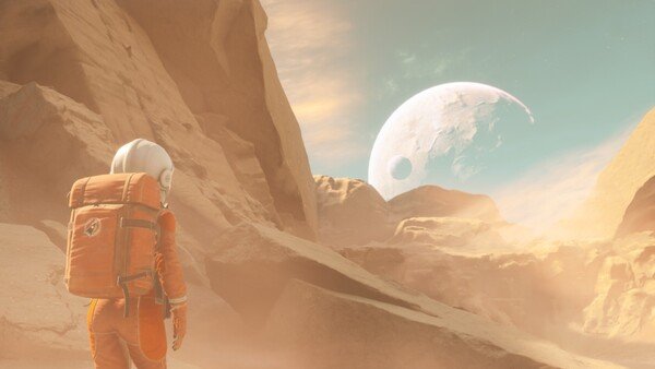 A screenshot of the game The Invincible: A cosmonaut in an orange suite on a desert planet looking at a giant moon in the blue sky.