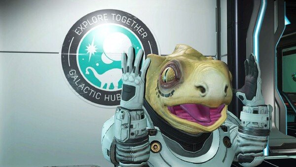 A Gek from the video game No Man's Sky in front of a Galactic Hub emblem on a wall. The Gek is doing the mind blown expression.