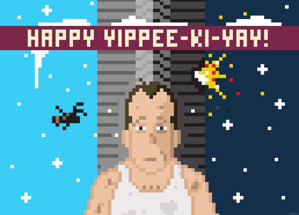 A pixel image of John McClane standing in front of a large building, looking tiredly into the camera. In the background a person is falling down the building. Above John is the text 'Happy Yippee-Ki-Yay!