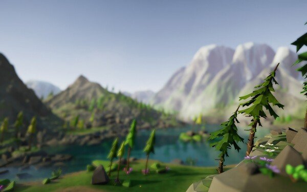 Stylized low poly landscape with mountains in the background, a lake with clear blue water, and vegetation such as trees and flowers in the foreground.