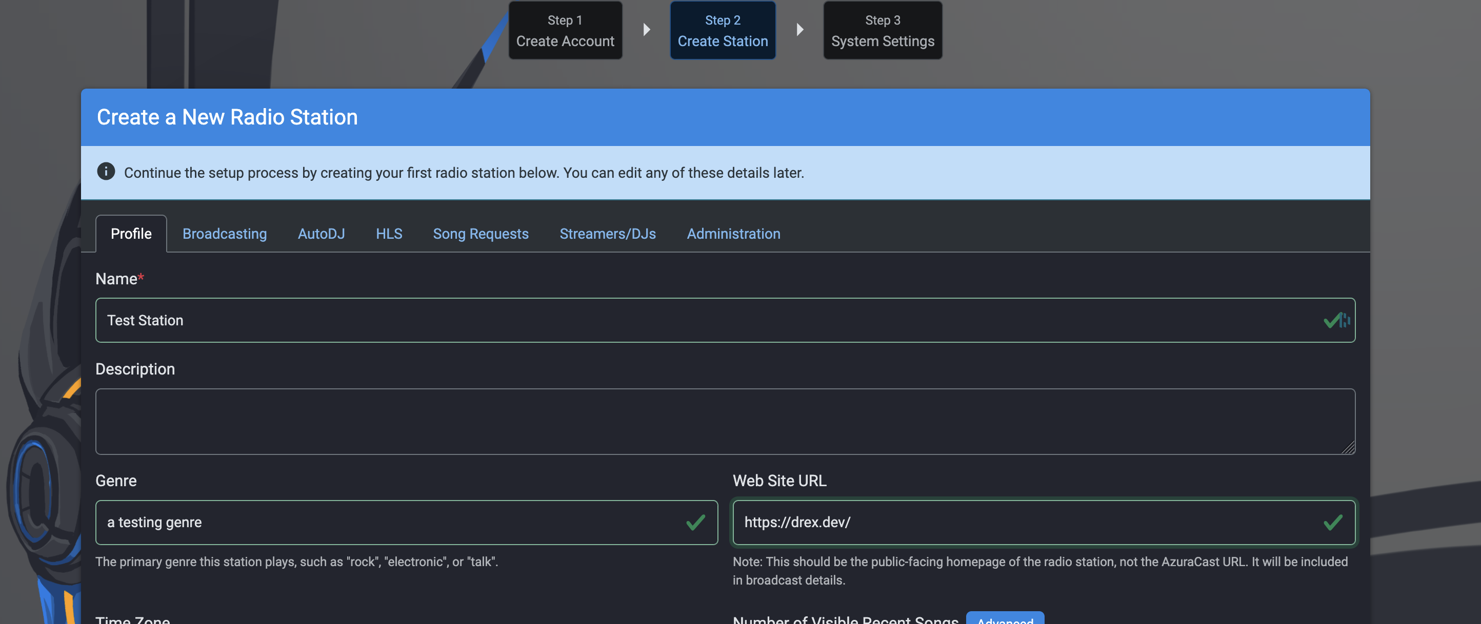 The "create a new radio station" page on azurecast The "create a new radio station" page on azurecast