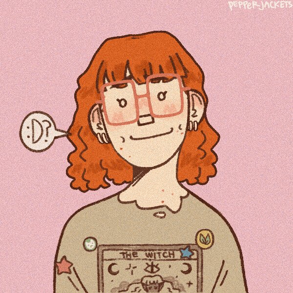 Digital illustration of a girl with short red hair, blunt bangs, big pink square glasses, double earring hoops, a raggedy beige t-shirt with a tarot-card-esque design that says 'the witch', with pins on the shirt (kitty, stars, plant leaf). The character has a tiny speech bubble that says :D?